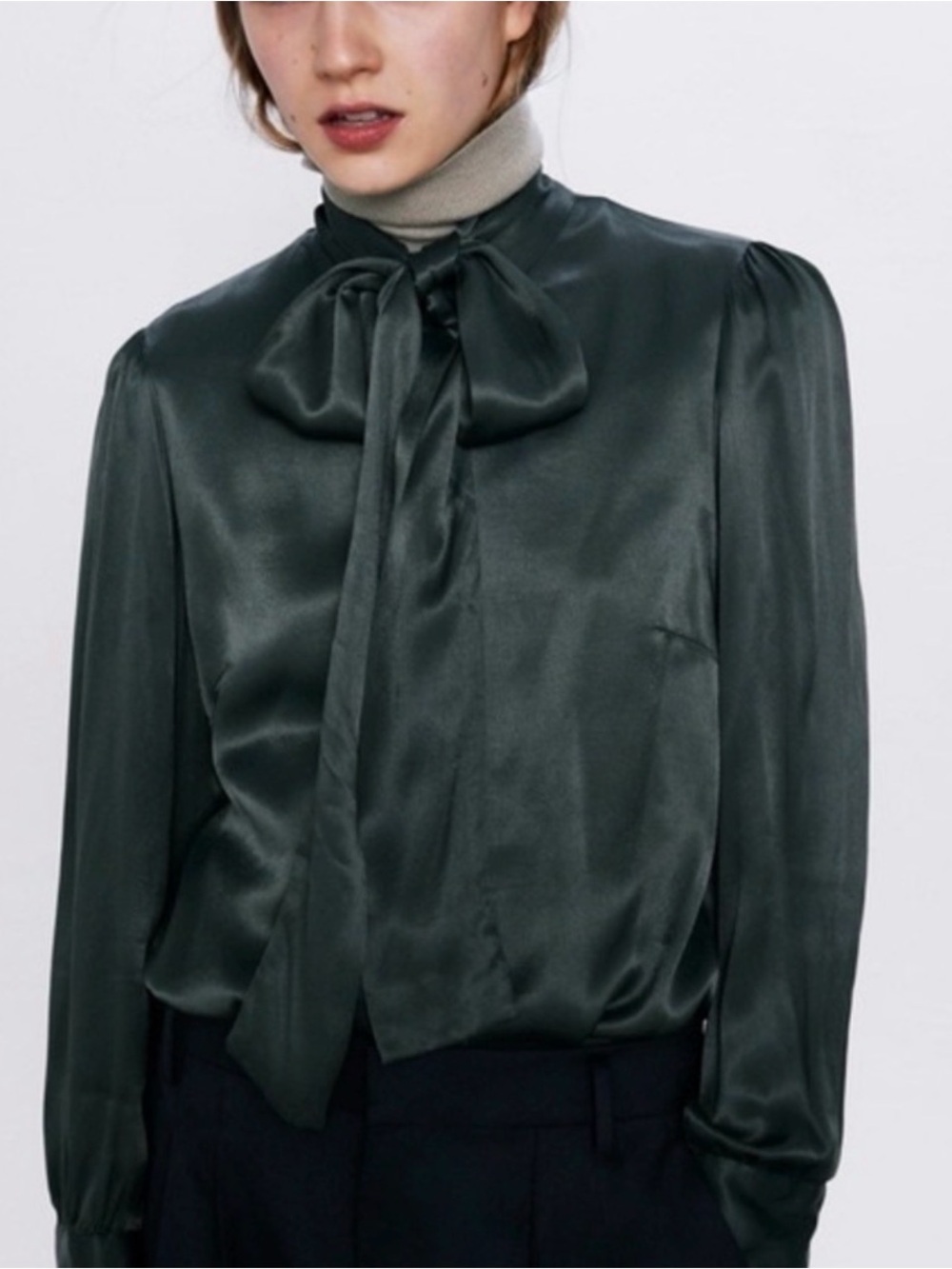 Zara Dark Green Satin Bow-Neck Blouse